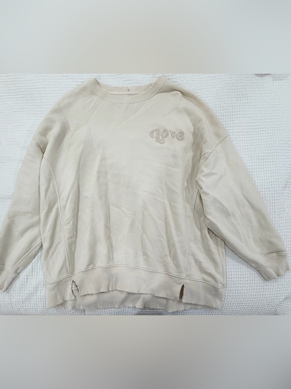 Aerie - Embroidered "Love" Crewneck Sweatshirt in Cream - Has a Few Pink Stains